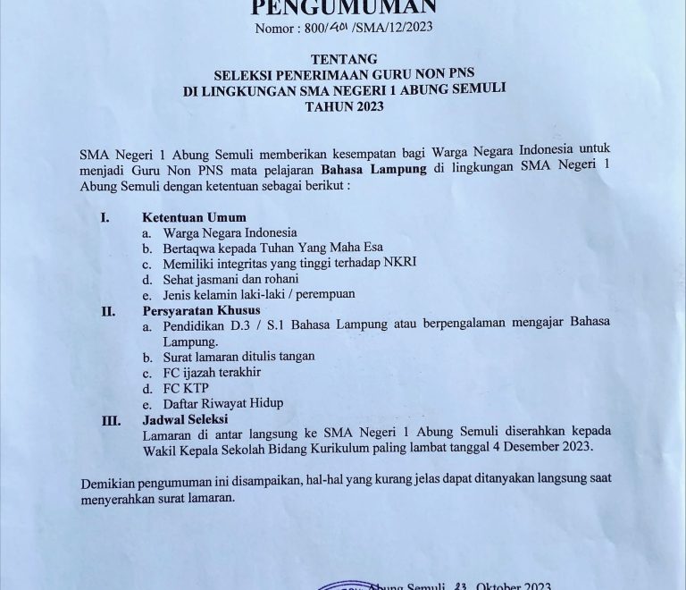Dibuka Lowongan Pekerjaan Guru Bahasa Lampung di SMAN 1 Abung Semuli